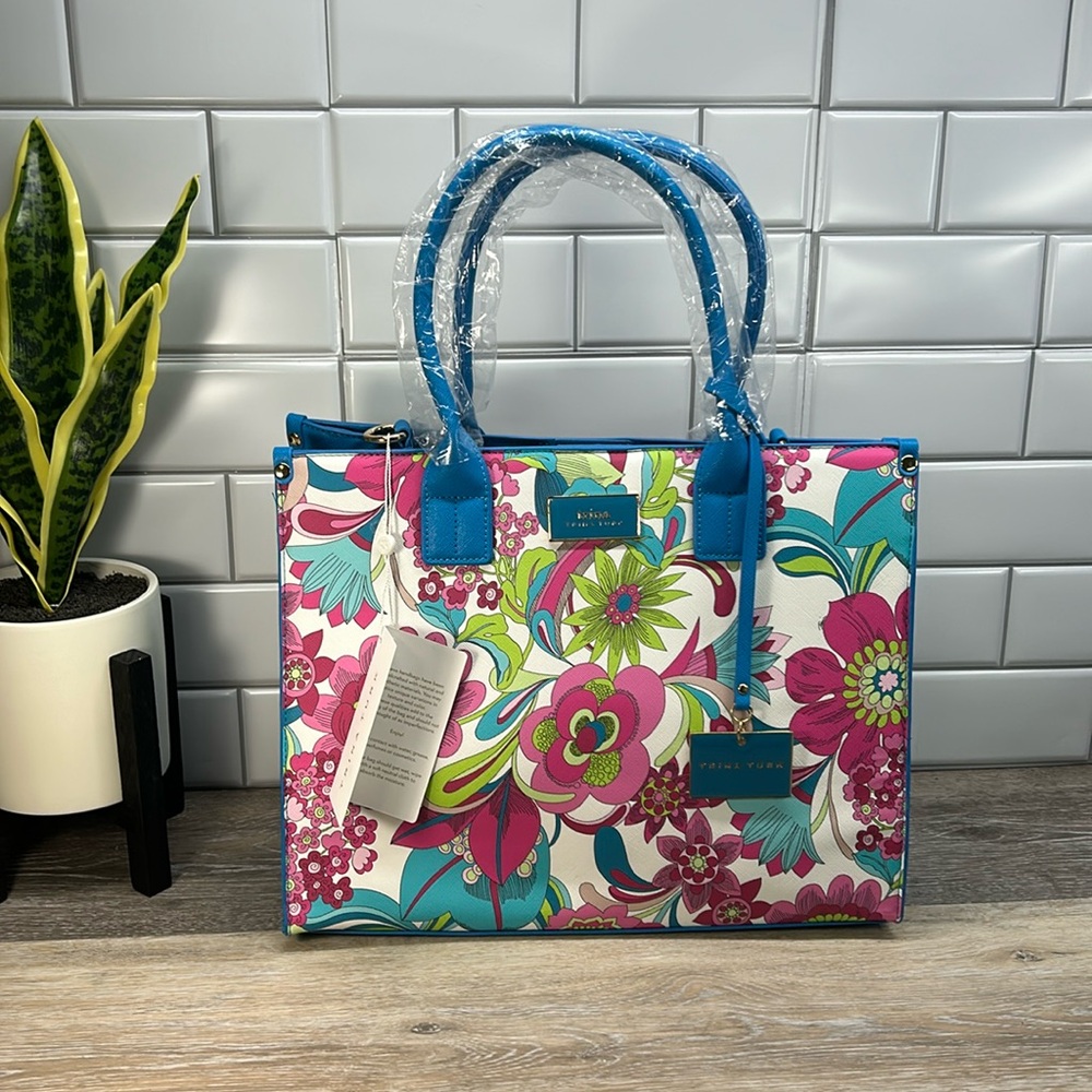 Floral Print Tote Bag with Blue Trim